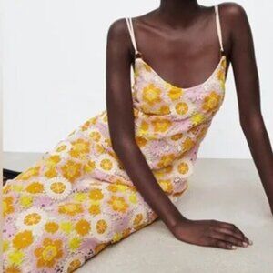 Zara Orange Purple White Crochet Daisy Overlay Midi Dress New Small